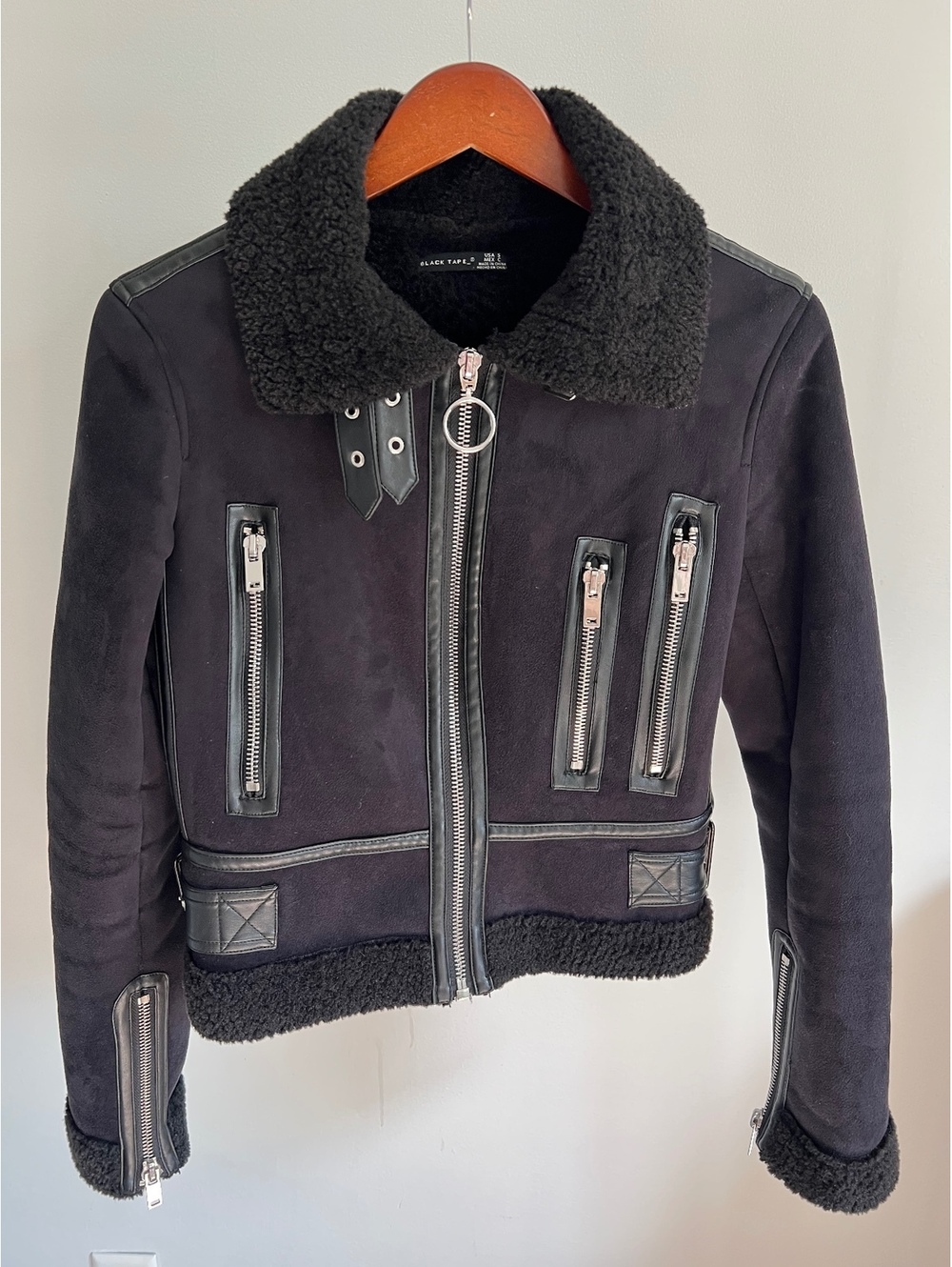 Black Tape Womens S Faux Suede Shearling Moto Jacket Black Buckle Zip Biker